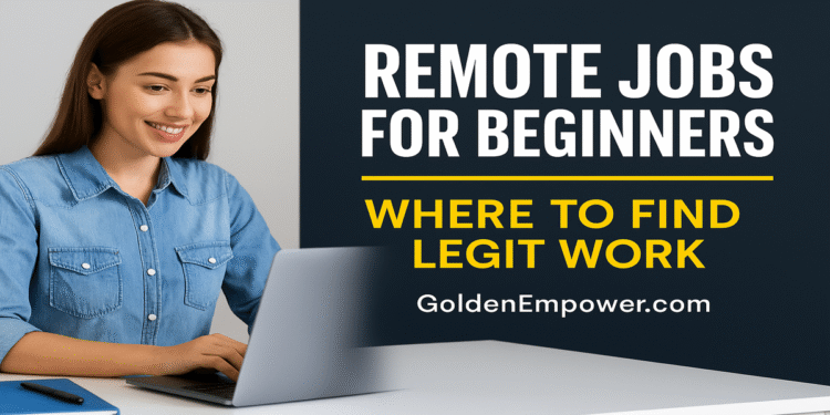 A young professional working remotely on a laptop, representing remote jobs for beginners, GoldenEmpower.com