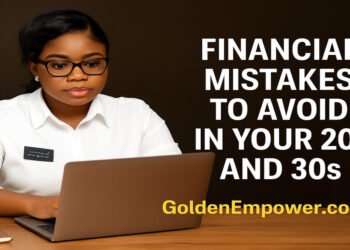 A young adult reviewing personal finances on a laptop, learning about financial mistakes to avoid in their 20s and 30s on GoldenEmpower.com.